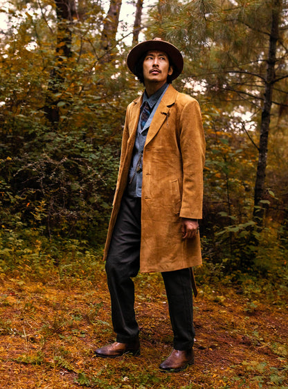 Retro British style deerskin suit coat for men Autumn and winter yuppie below the knee mid-length suede trench coat