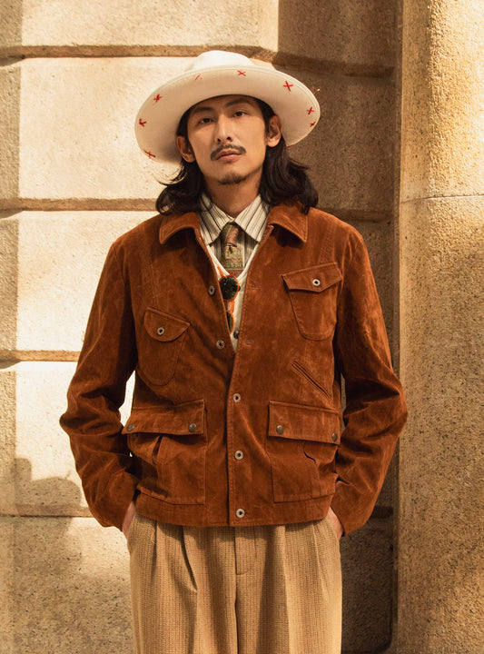American retro style suede jacket men's Ami Khaki military uniform multi-pocket deerskin hunting jacket
