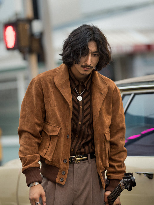 American retro style suede jacket for men Ami Khaki motorcycle wear casual loose deerskin jacket