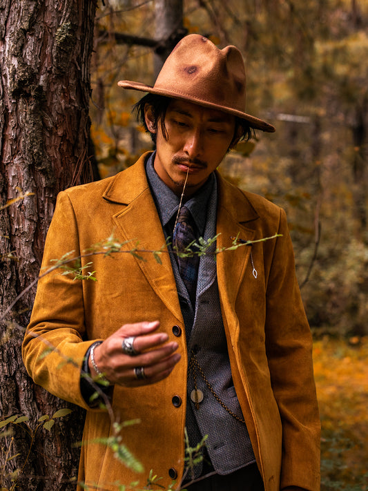 Retro British style deerskin suit coat for men Autumn and winter yuppie below the knee mid-length suede trench coat