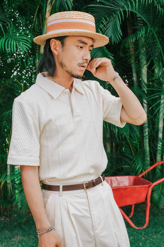 Retro style Italian knitted polo shirt men's summer water ripple casual polo shirt lapel short-sleeved T-shirt