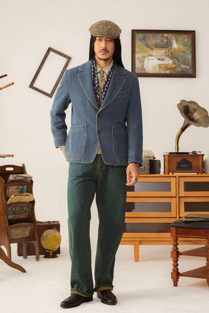 Waffle American retro denim suit jacket for men High-end casual slim-fit single suit