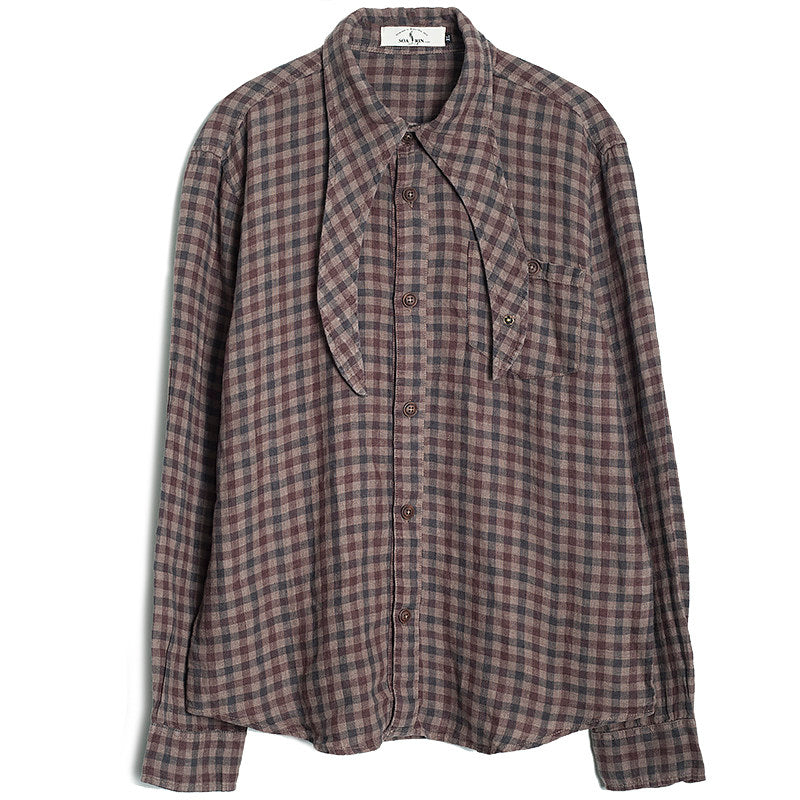 SOARIN Regular Fit Vintage Plaid Linen Tie Neck Long Sleeve Shirt Z83C56