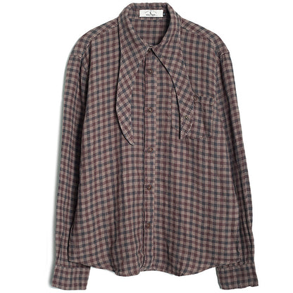 SOARIN Regular Fit Vintage Plaid Linen Tie Neck Long Sleeve Shirt Z83C56