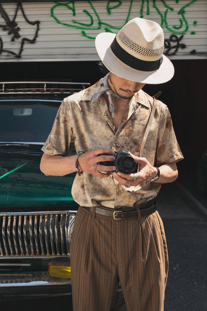 Retro yuppie style Cuban collar shirt men's Vintage distressed style Baroque print short-sleeved shirt