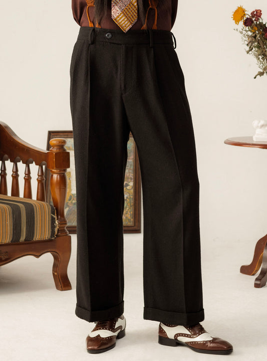 British retro style woolen straight pants men's winter yuppie business casual loose drape suit trousers