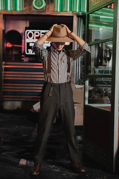American retro style striped long-sleeved shirt men's Ami Khaki thick wear-resistant casual slim suit shirt