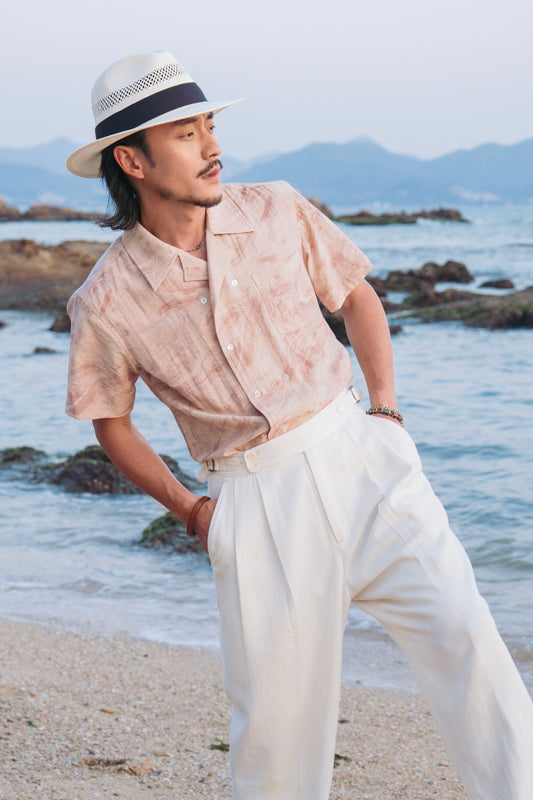 French retro double-breasted short-sleeved shirt for men Pink textured simple gentleman Cuban collar shirt