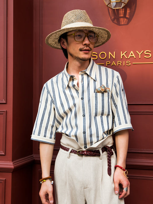 British retro style striped short-sleeved shirt for men high-end luxury business formal wear gentleman's mid-sleeve shirt