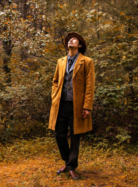 Retro British style deerskin suit coat for men Autumn and winter yuppie below the knee mid-length suede trench coat