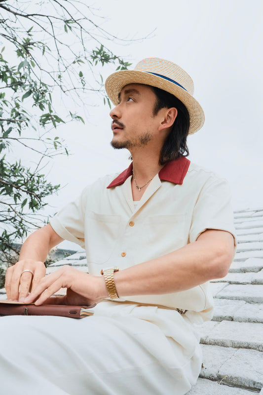 British retro style Cuban collar short-sleeved shirt men's stitching linen casual double pocket short-sleeved shirt