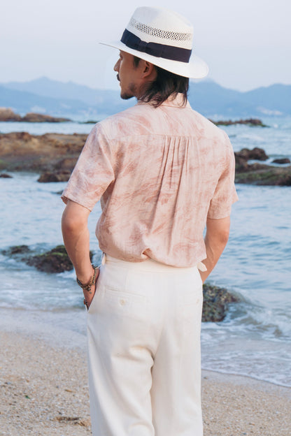 French retro double-breasted short-sleeved shirt for men Pink textured simple gentleman Cuban collar shirt