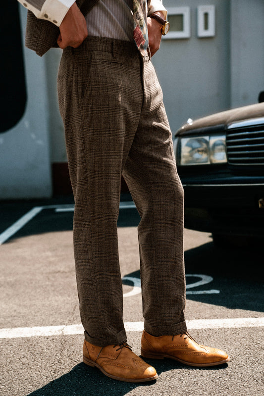 British retro style plaid suit pants for men Business casual slim fit nine-point pants plaid straight trousers