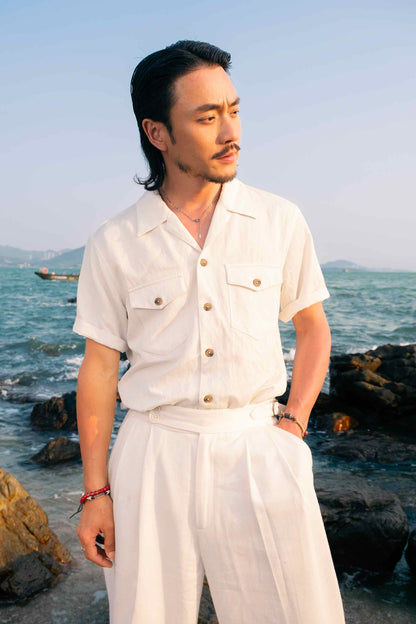 Retro American style workwear Cuban collar shirt men's double pocket casual drape neutral simple short-sleeved shirt