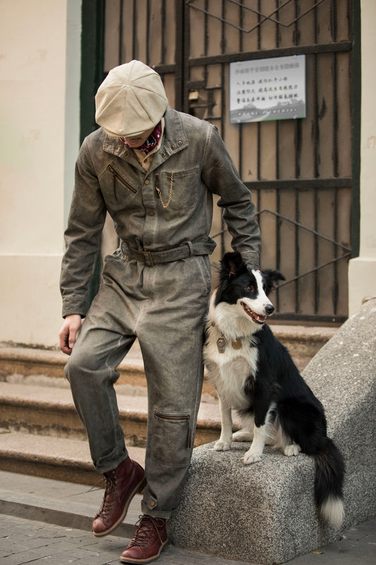 Retro American work jumpsuit men's Ami Khaki distressed casual loose straight jumpsuit