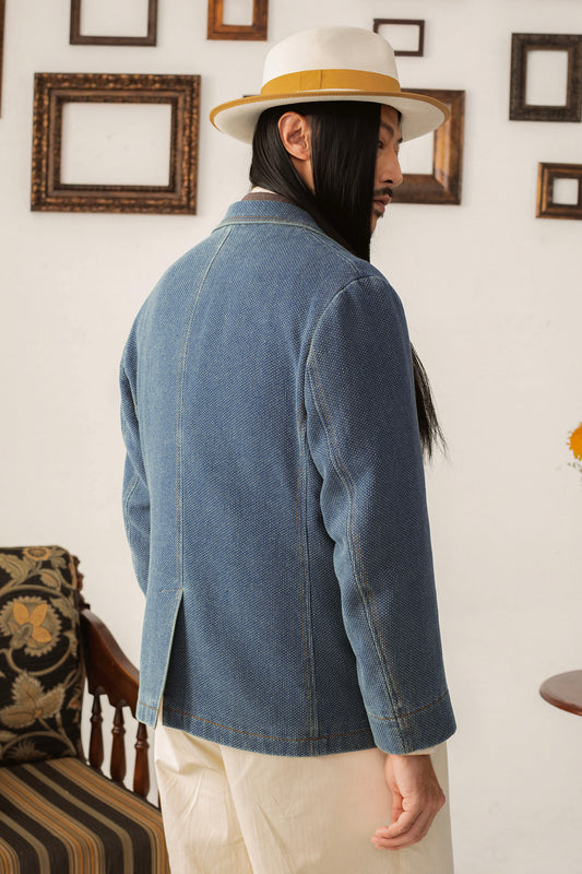 Waffle American retro denim suit jacket for men High-end casual slim-fit single suit