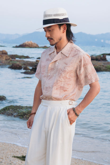 French retro double-breasted short-sleeved shirt for men Pink textured simple gentleman Cuban collar shirt
