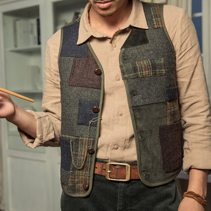 SOARIN  Regular Fit Vintage Patchwork Multi-Blend Tweed Vest Waistcoat Z83B18
