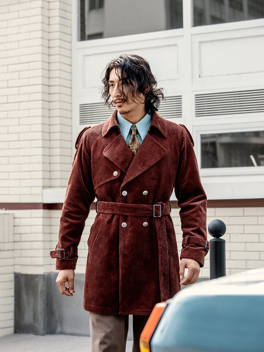 British style retro mid-length coat for men Winter corduroy casual loose trench coat