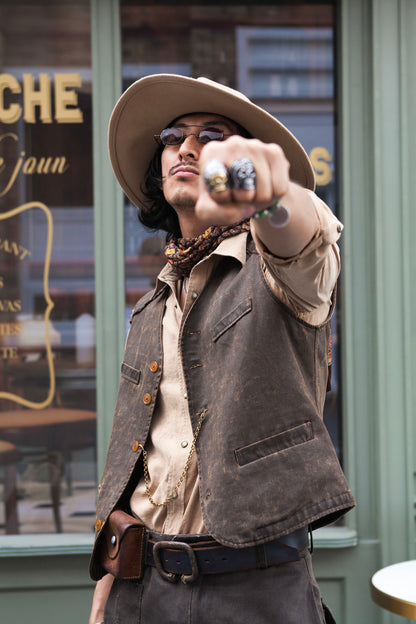 Vintage style retro leather vest men's Amei khaki multi-pocket casual slim fit suit vest