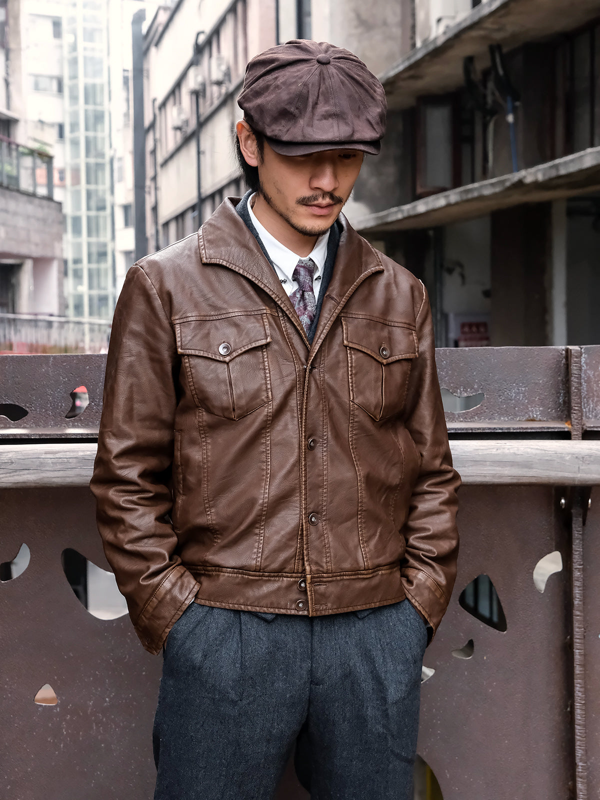 American retro style leather jacket for men Ami Khaki one piece collar workwear motorcycle jacket