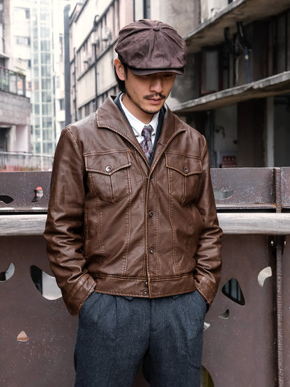 American retro style leather jacket for men Ami Khaki one piece collar workwear motorcycle jacket