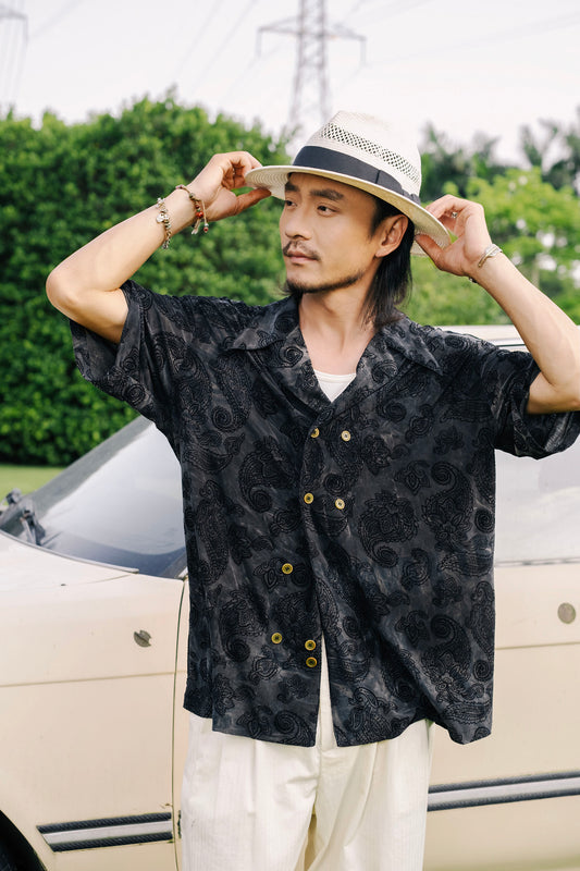 British retro style printed short-sleeved shirt for men Cuban collar casual neutral simple short-sleeved shirt